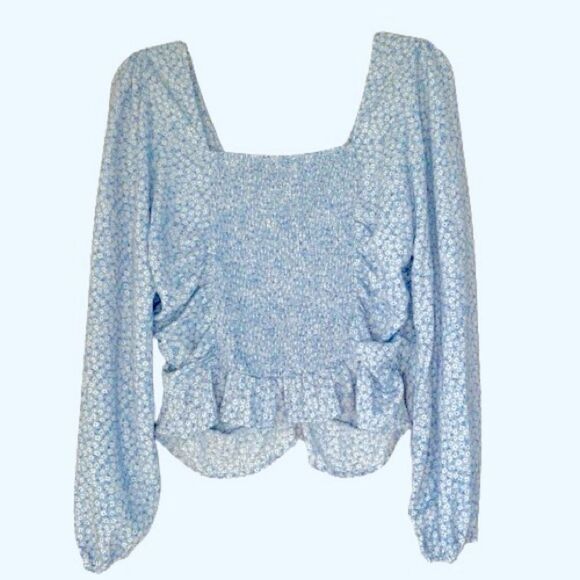 H & M Babydoll Smocked Coquette Powder Blue Floral Peasant Boho Blouse Size M - Picture 4 of 12